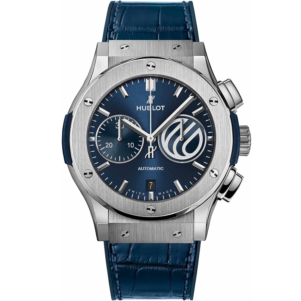 Classic Fusion Chronograph 'Swiss Medical Network' 45 mm: Titanium & Rubber Leather - 521.NX.7170.LR.SMN18 Hublot Classic Fusion 521 NX 7170 LR SMN18