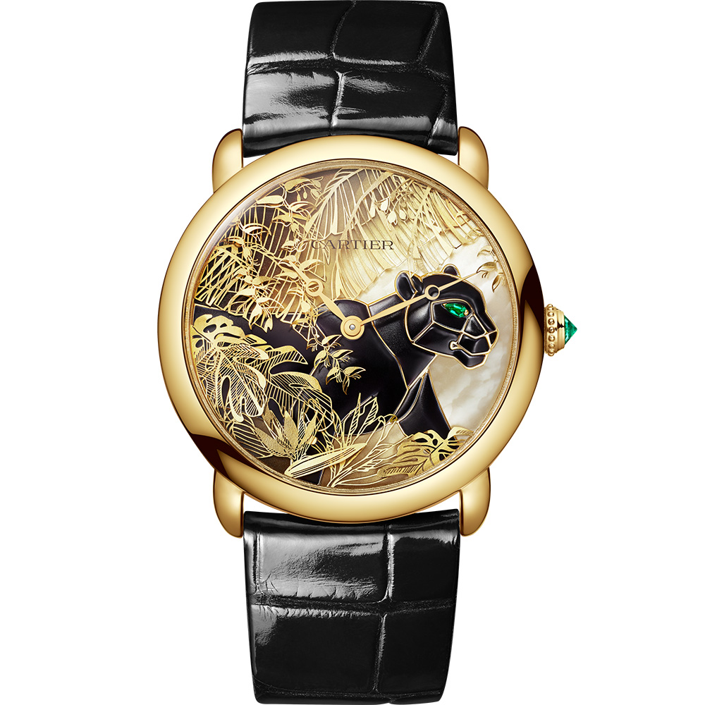 Ronde Louis Cartier Panthère Métiers d'Art 36 mm: 18K Yellow gold & Leather strap - HPI01639 Cartier Ronde Louis Cartier Hpi01639