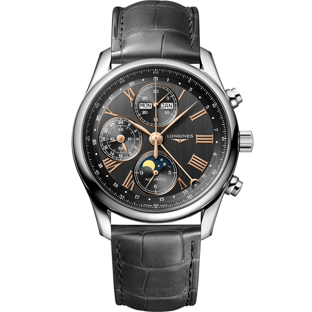 LONGINES Master Collection Chrono Moonphase 40 mm: Stainless steel & Leather strap - L2.673.4.61.2 Longines Master Collection Chronograph L2 673 4 61 2