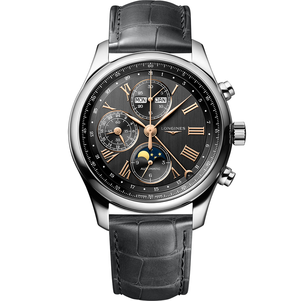 LONGINES Master Collection Chrono Moonphase 42 mm: Stainless steel & Leather strap - L2.773.4.61.2 Longines Master Collection Chronograph L2 773 4 61 2