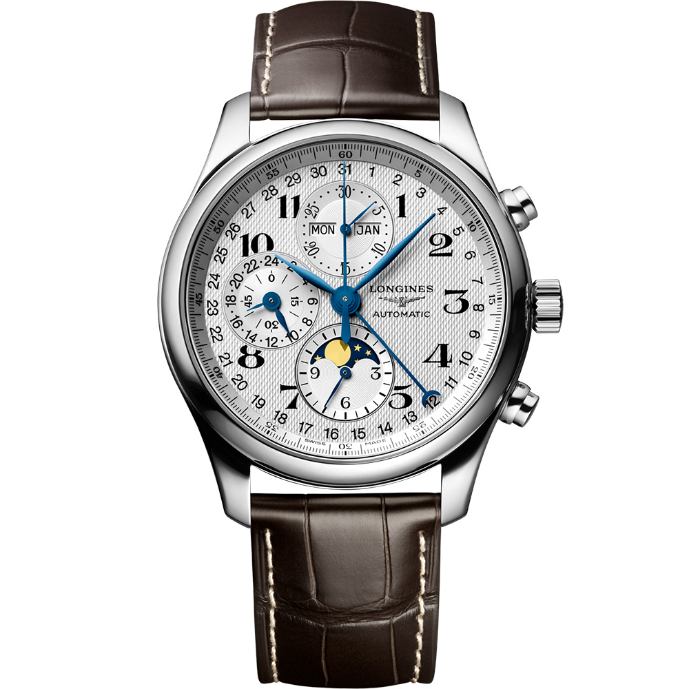 LONGINES Master Collection Chrono Moonphase 42 mm: Stainless steel & Leather strap - L2.773.4.78.3 Longines Master Collection Chronograph L2 773 4 78 3