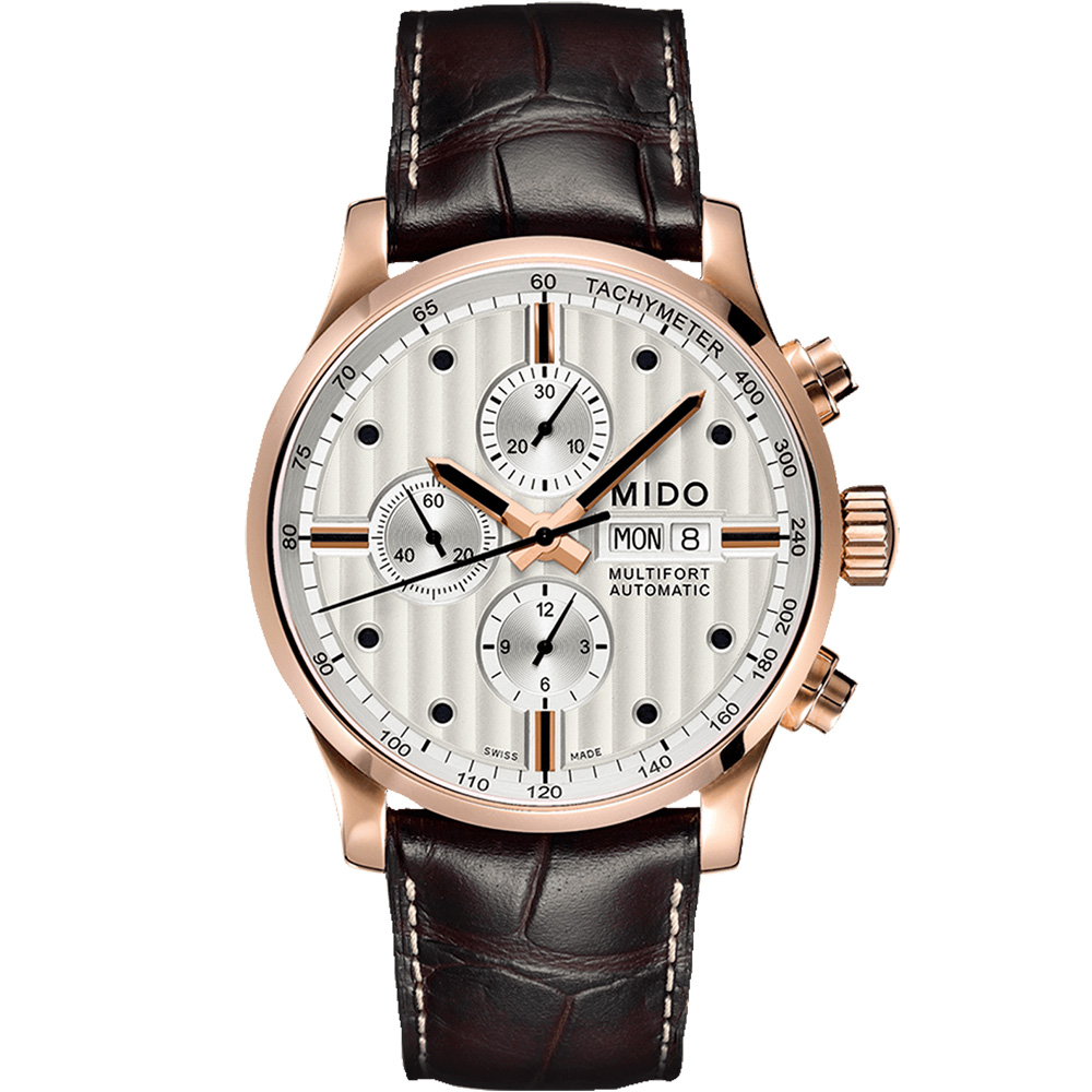 Multifort Chronograph 44 mm: Rose gold PVD-coated Stainless steel & Leather strap - M005.614.36.031.00 Mido Multifort M005.614.36.031.00