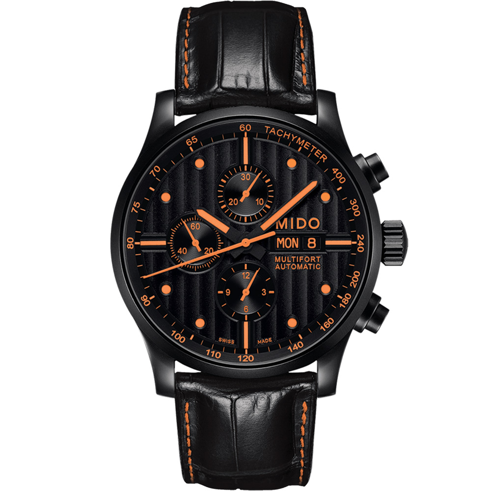 Multifort Chronograph 44 mm: Black PVD-coated Stainless steel & Leather strap - M005.614.36.051.22 Mido Multifort M005.614.36.051.22