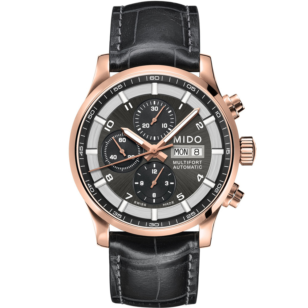 Multifort Chronograph 44 mm: Rose gold PVD-coated Stainless steel & Leather strap - M005.614.36.062.52 Mido Multifort M005.614.36.062.52