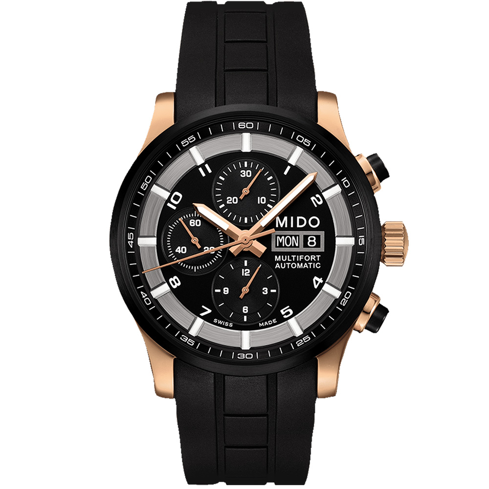 Multifort Chronograph 44 mm: Rose gold PVD-coated Stainless steel & Rubber - M005.614.37.057.09 Mido Multifort M005.614.37.057.09