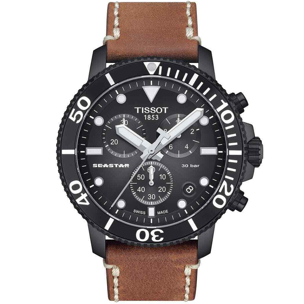 Seastar 1000 Chronograph 45.5 mm: Black PVD-coated Stainless steel & Leather strap - T120.417.36.051.00 Tissot T Sport Seastar 1000 T120 417 36 051 00