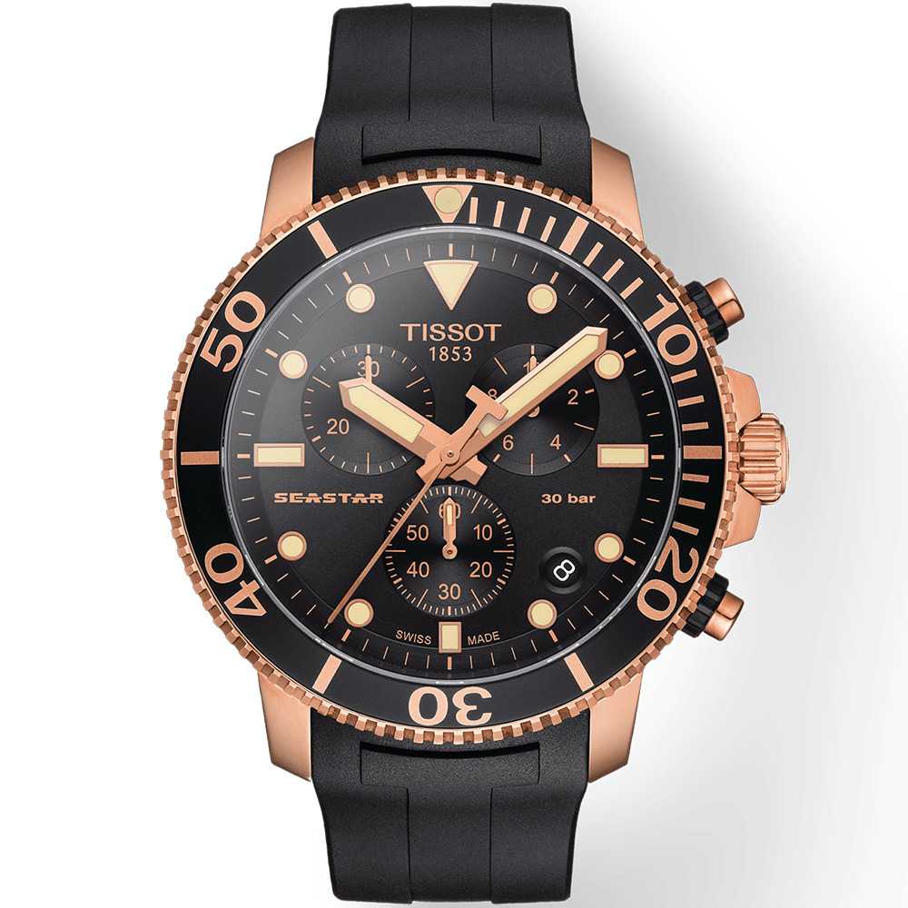 Seastar 1000 Chronograph 45.5 mm: Rose gold PVD-coated Stainless steel & Rubber strap - T120.417.37.051.00 Tissot T Sport Seastar 1000 T120 417 37 051 00
