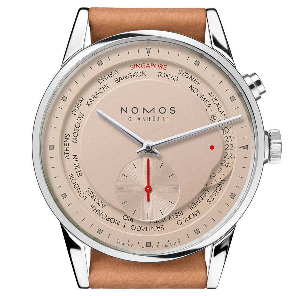 Zürich Worldtimer Red Dot Salmon 39.9 mm: Stainless steel & Leather - 805.S7 Nomos Zurich 805 S7
